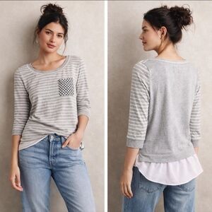 Anthropologie Antibes Tee Little Yellow Button M NWT Gray White Stripe Shirttail